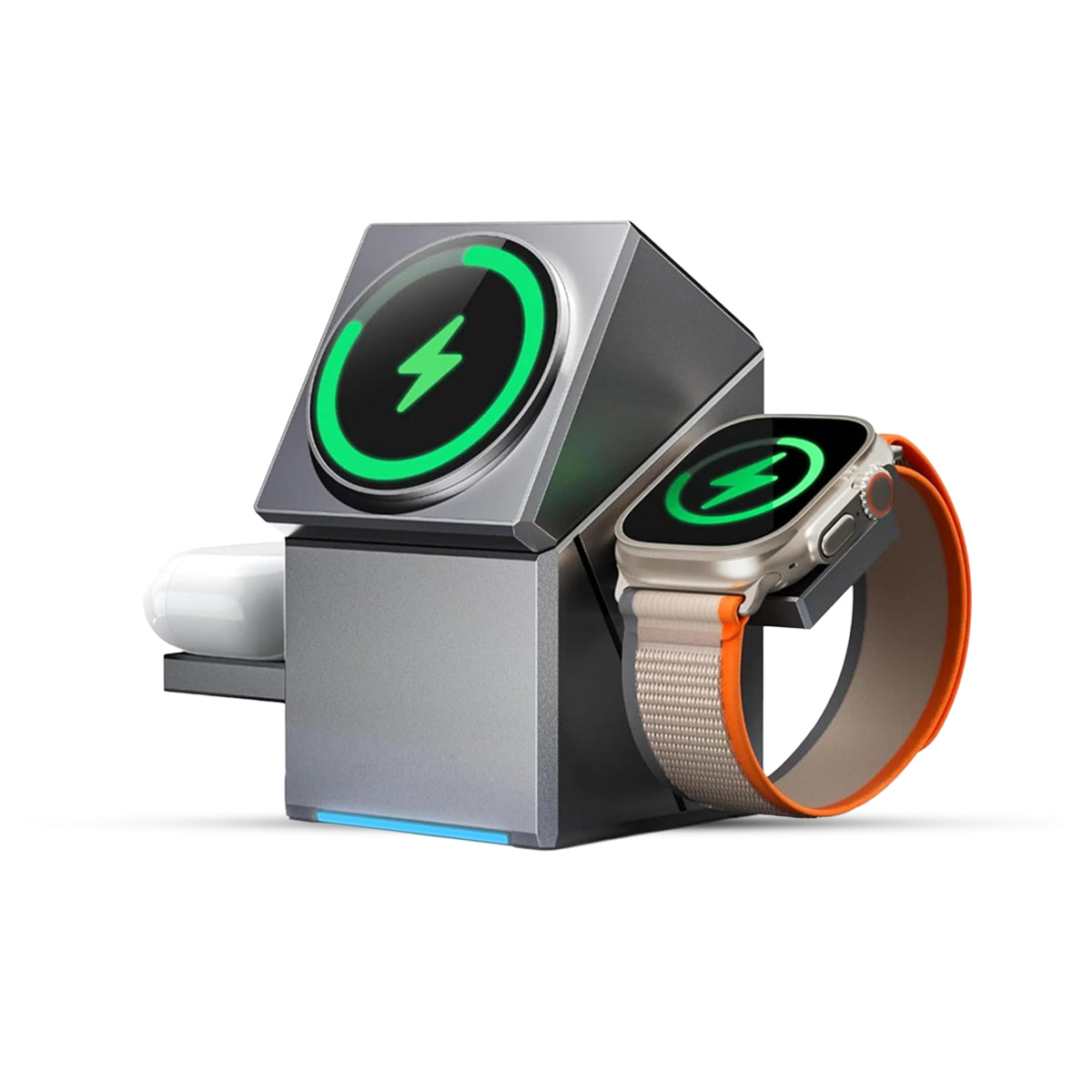 FastVolt 3-in-1 wireless charger charging three devices at once