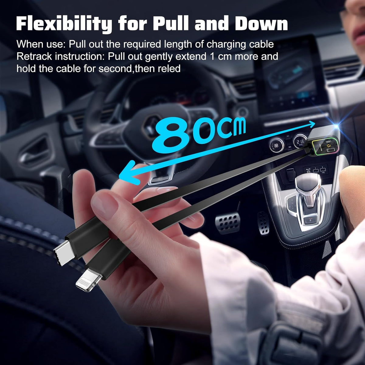 Drivo car charger with dual retractable cables and extra ports
