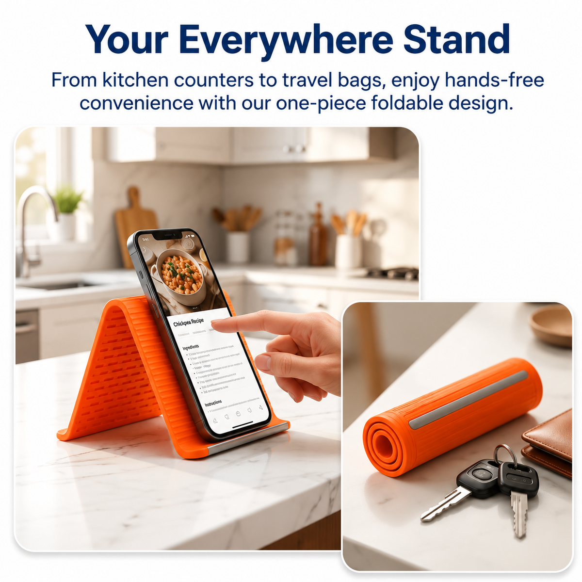 Flexible silicone phone stand holding a phone for hands-free viewing