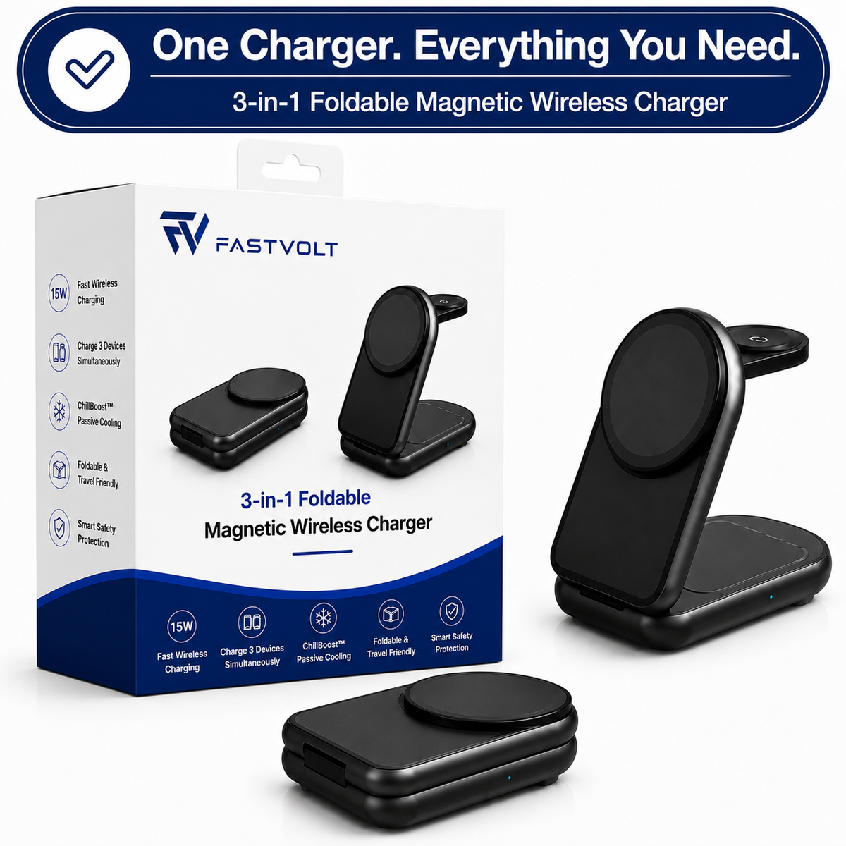 MagFold Pro foldable 3-in-1 magnetic wireless charger by FastVolt