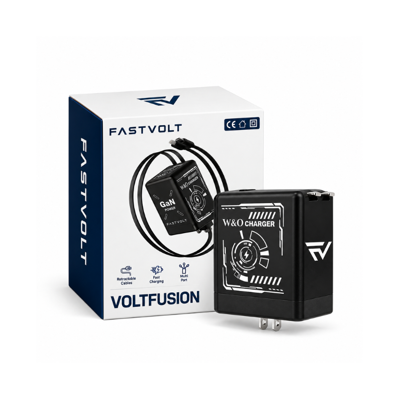 VoltFusion 2-in-1 retractable charger with USB-C and Lightning cables by FastVolt