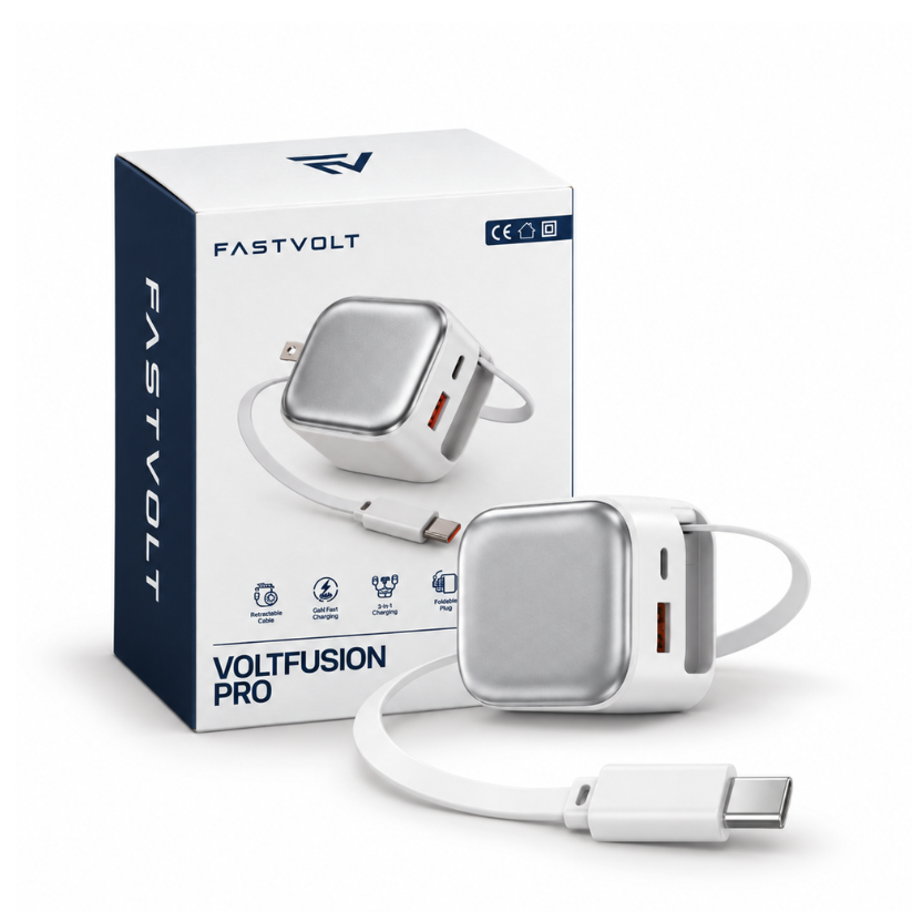 VoltFusion Pro 35W GaN fast charger with built-in retractable cable by FastVolt